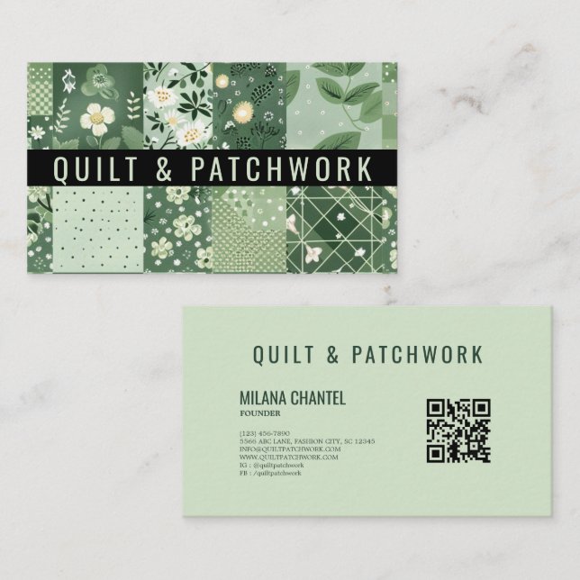 Carte De Visite Vêtement fait main en patchwork de quilt vert (Devant / Derrière)