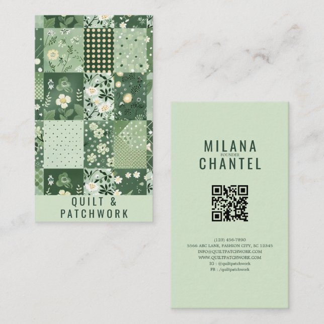 Carte De Visite Vêtement fait main en patchwork de quilt vert (Devant / Derrière)