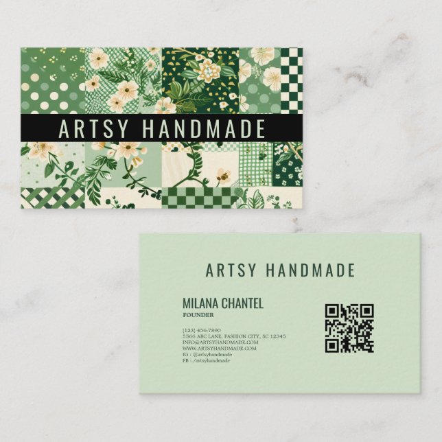 Carte De Visite Vêtement fait main en patchwork de quilt vert (Devant / Derrière)