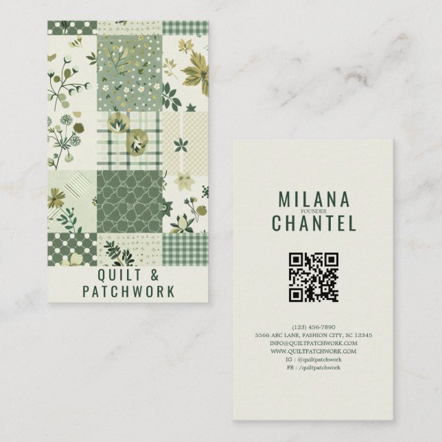 Carte De Visite Vêtement fait main en patchwork de quilt vert (Devant / Derrière)