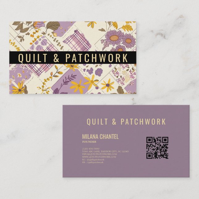 Carte De Visite Vêtement fait main en patchwork jaune lilas  (Devant / Derrière)