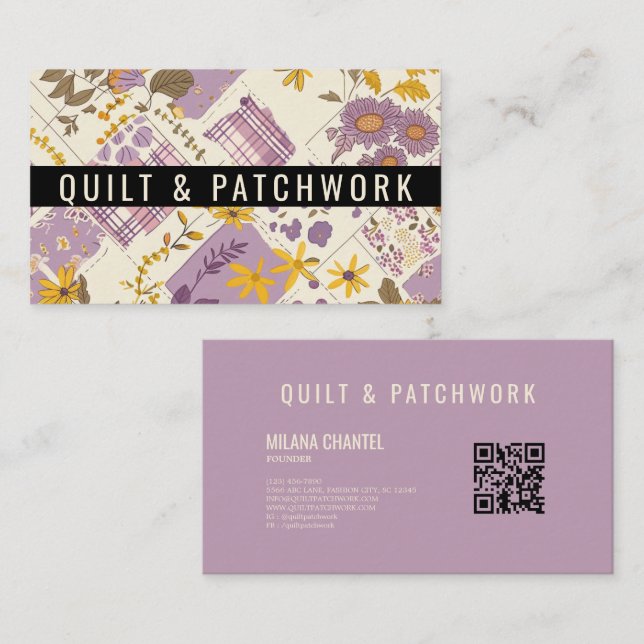 Carte De Visite Vêtement fait main en patchwork jaune lilas  (Devant / Derrière)