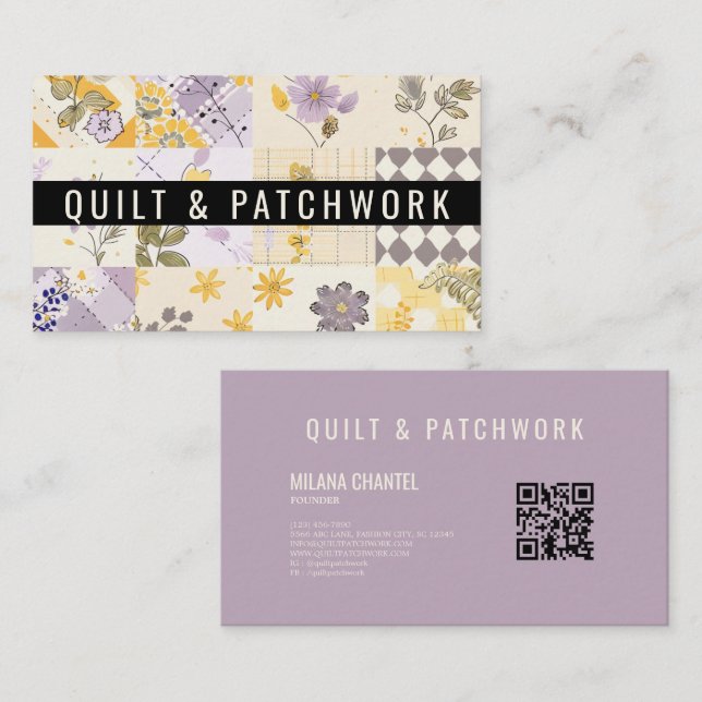 Carte De Visite Vêtement fait main en patchwork jaune lilas  (Devant / Derrière)