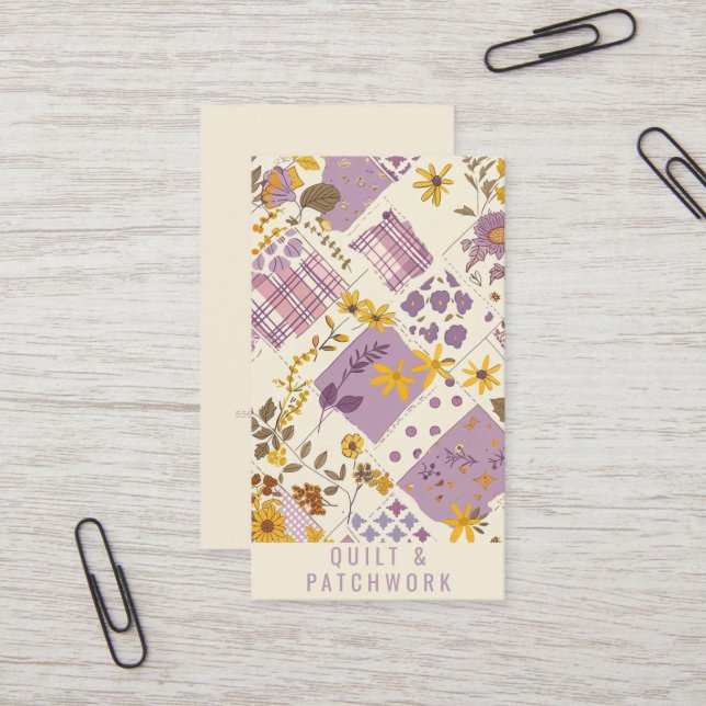 Carte De Visite Vêtement fait main en patchwork jaune lilas  (Devant/Arrière en situation)