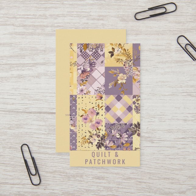 Carte De Visite Vêtement fait main en patchwork jaune lilas  (Devant/Arrière en situation)