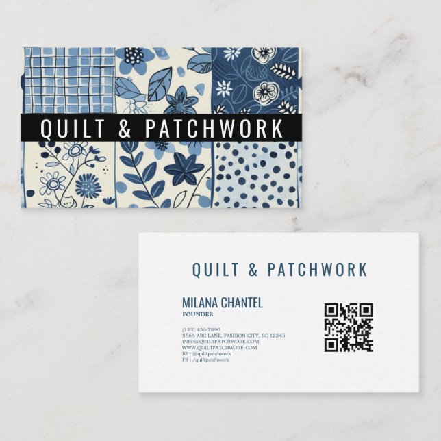 Carte De Visite Vêtements faits main en patchwork de quilt bleu (Devant / Derrière)