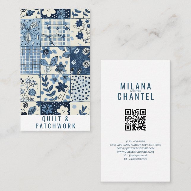 Carte De Visite Vêtements faits main en patchwork de quilt bleu (Devant / Derrière)