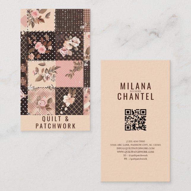 Carte De Visite Vêtements faits main en patchwork marron rose (Devant / Derrière)