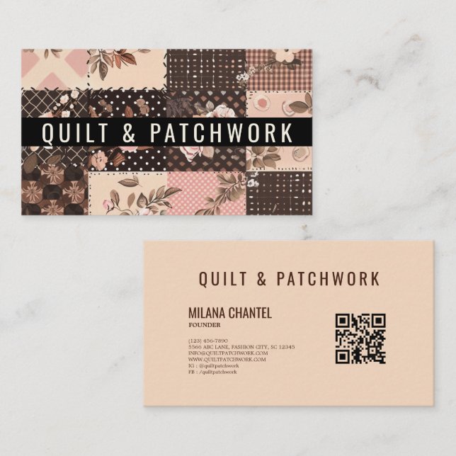 Carte De Visite Vêtements faits main en patchwork marron rose (Devant / Derrière)
