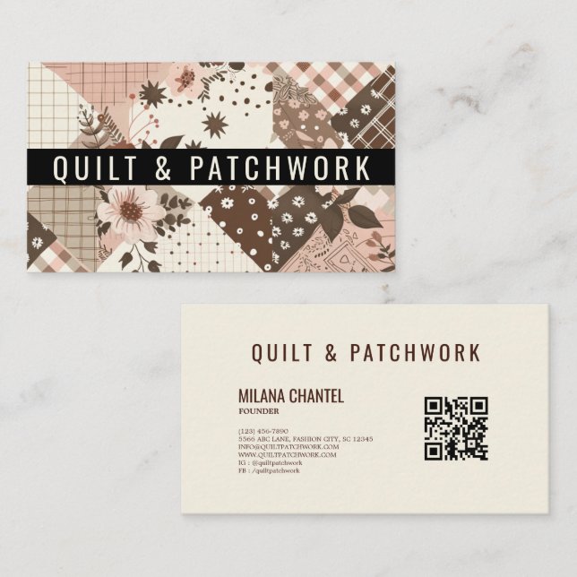 Carte De Visite Vêtements faits main en patchwork marron rose (Devant / Derrière)