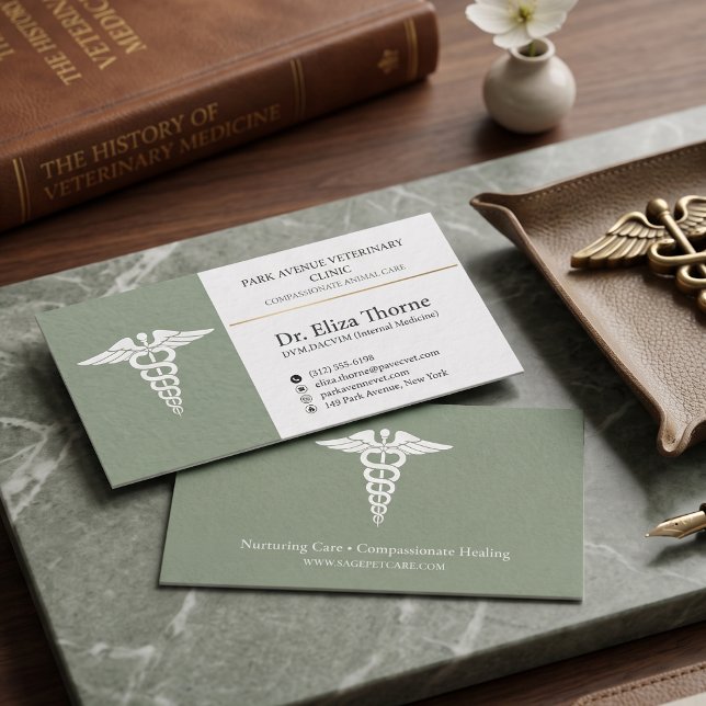 Carte de visite vétérinaire de luxe DVM Caducée Ve (Luxury Veterinary DVM Caduceus Sage Green Two-Side Business Card)
