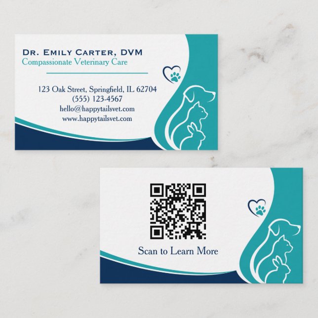 Carte de visite vétérinaire élégante avec code QR (Devant / Derrière)