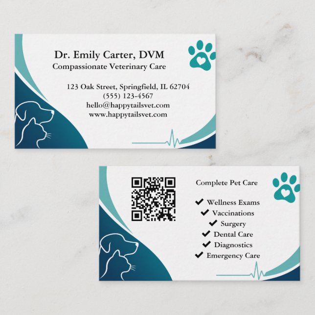 Carte de visite vétérinaire moderne avec code QR (Devant / Derrière)