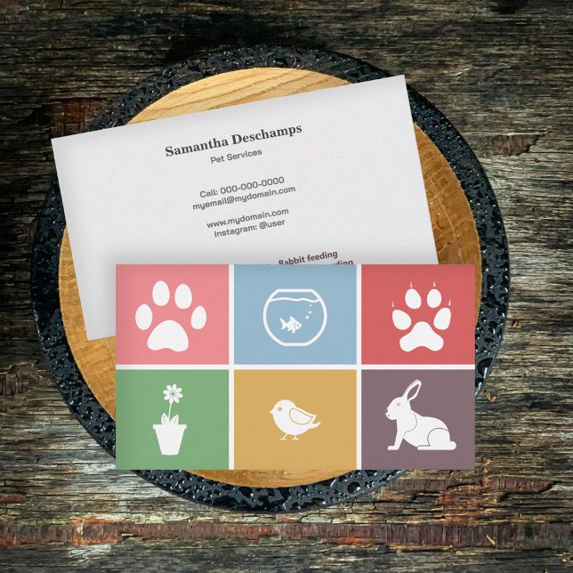 Carte De Visite Vétérinaires ou services pour animaux de compagnie (Veterinarian or Pet Services with Colored Squares Business Card)