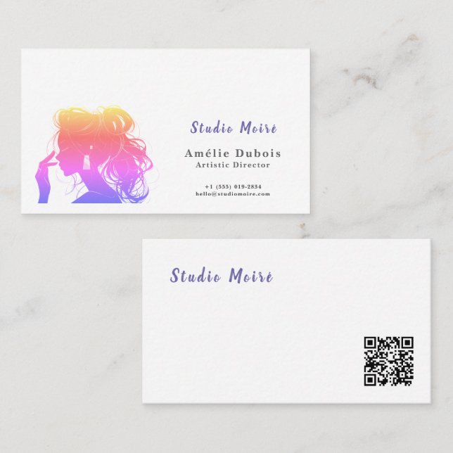 Carte De Visite Vibrant Rainbow Hair Stylist Studio Moire QR Code (Devant / Derrière)