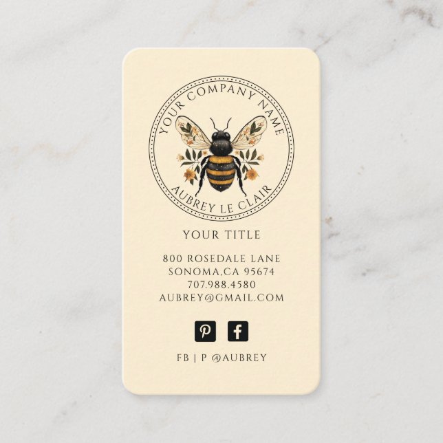 Carte De Visite Vintage Botanical Bee Logo Template (Devant)
