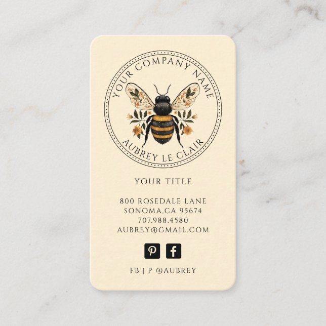 Carte De Visite Vintage Botanical Bee Logo Template (Devant)