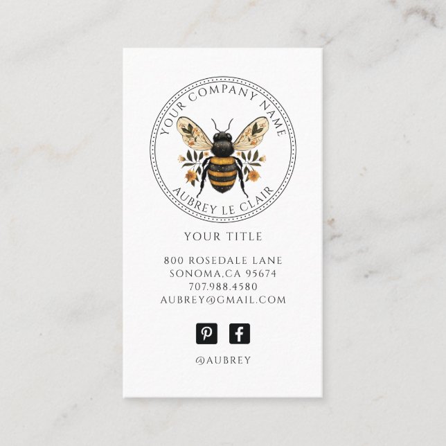 Carte De Visite Vintage Botanical Bee Logo Template (Devant)