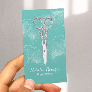Carte De Visite Vintage ciseau Ginkgo Feuille Hair Styliste Turquo