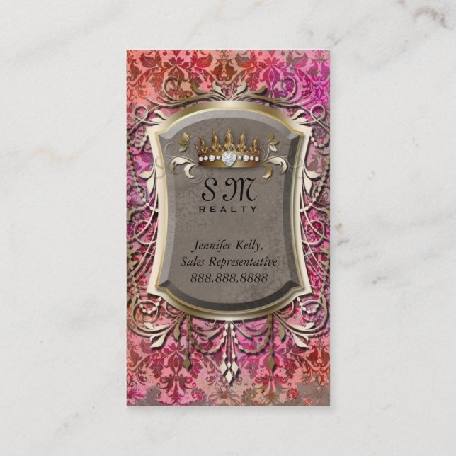 Carte de visite vintage Damask Suede Couronne rose (Devant)