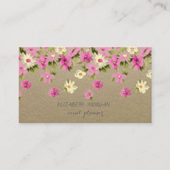 Carte De Visite Vintage élégant, Kraft, Fleurs (Devant)