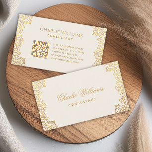 Carte De Visite Vintage Gold Ivory QR Code Élégant Script antique