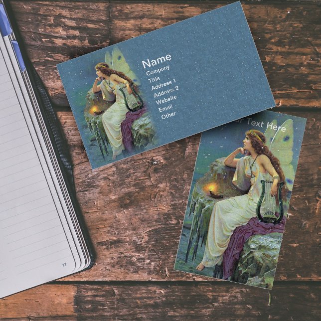 Carte De Visite Vintage Jolie Fée Fae Harp Candle Océan (Pretty fairy white dress on cliff with lantern and harp  under stars on blue business cards.)