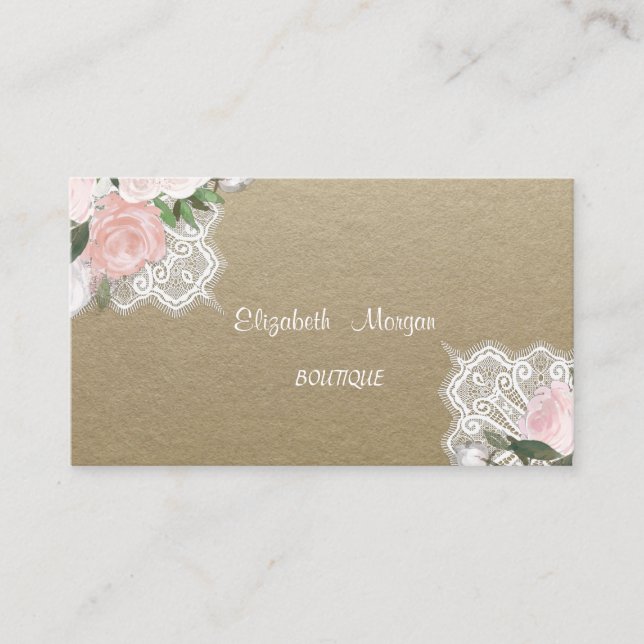 Carte De Visite Vintage, Kraft, Dentelle, Fleurs aquarelles (Devant)
