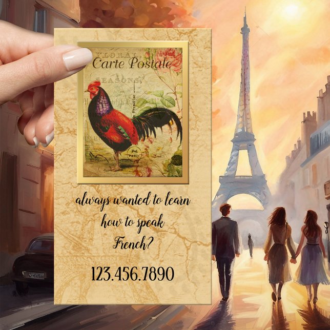 Carte de visite vintage pour professeur et tuteur  (Vintage business card featuring a French postcard with a rooster - French language teacher - France)
