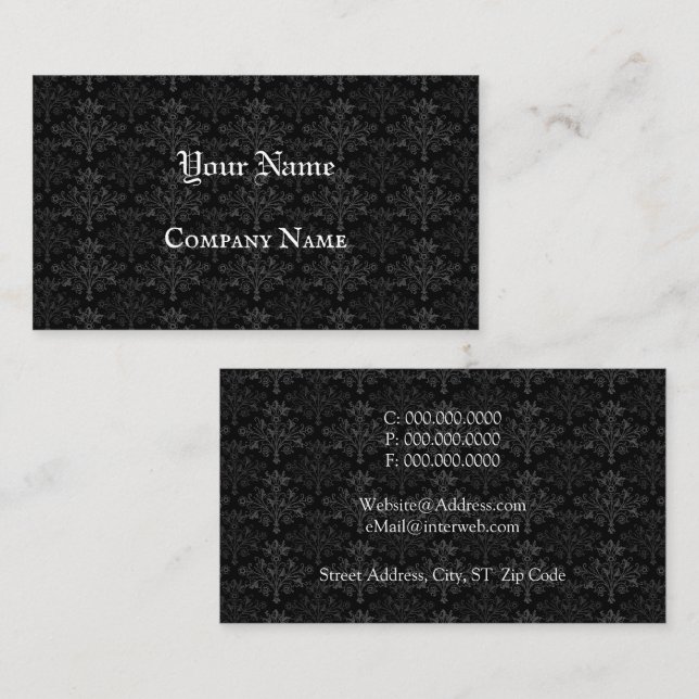Carte De Visite Vintnage Floral Damask Black Gray Custom (Devant / Derrière)