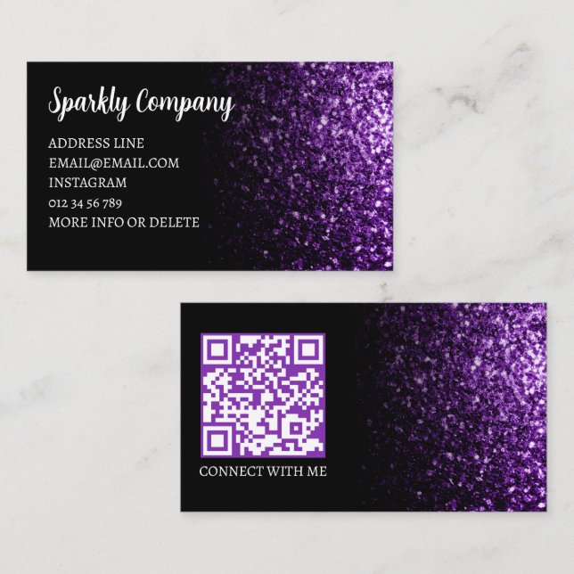 Carte De Visite Violet foncé scintillant code QR noir élégant (Devant / Derrière)