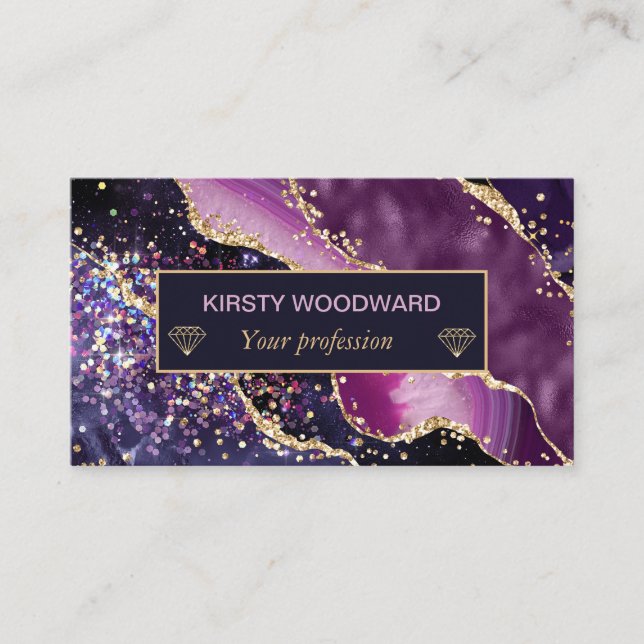 Carte De Visite Violet & Rose & Paillettes de Faux Or Agate  (Devant)
