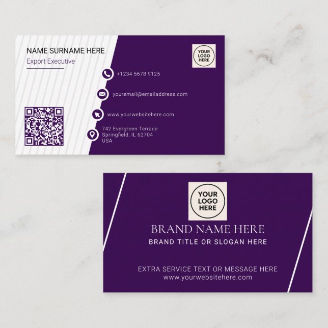 Carte De Visite Violet Simple Formel Code QR Professionnel Moderne (Devant / Derrière)