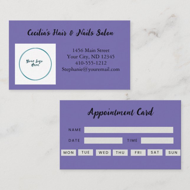 Carte de visite violette pour rendez-vous avec log (Devant / Derrière)