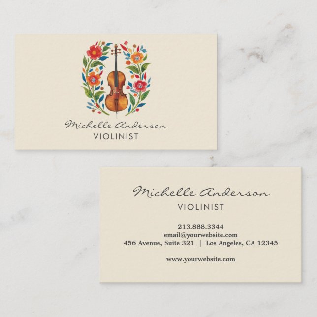 Carte De Visite Violiniste professionnel Violon musical fleurs  (Devant / Derrière)