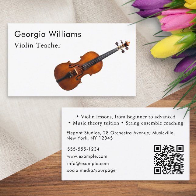 Carte De Visite Violon Enseignant Instrument de musique Tutor QR C (An elegant, customizable business card for a violin teacher, with scannable QR code)