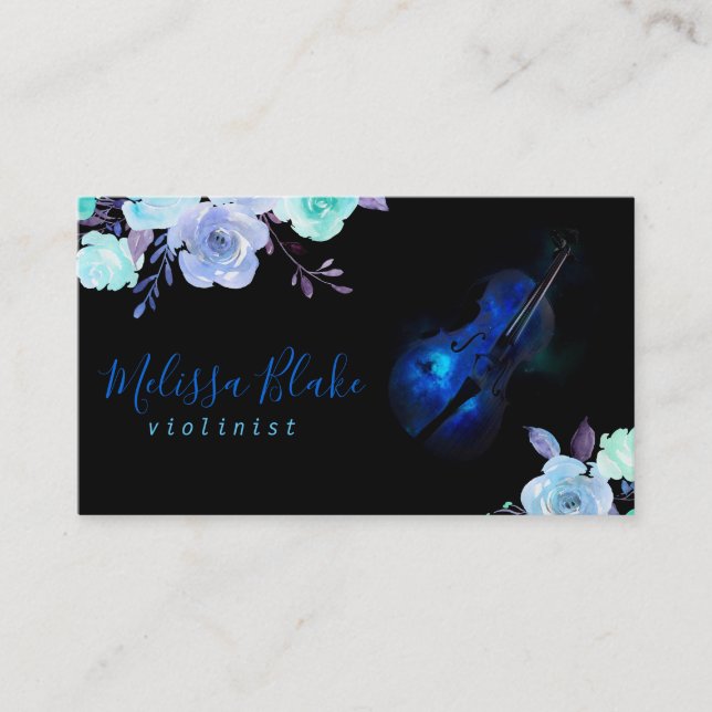 Carte De Visite violoniste floral bleu (Devant)