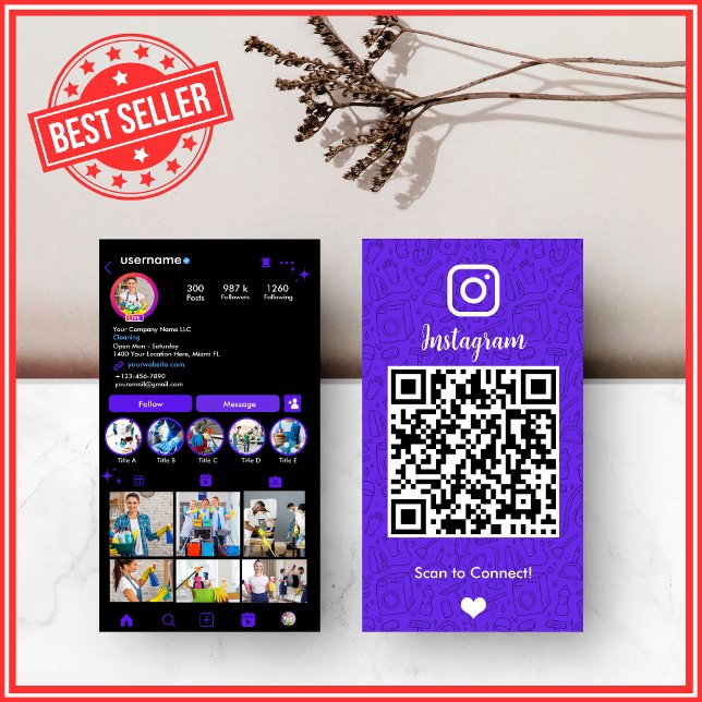 Carte De Visite Vivid Violet Entretien Instagram QR (Créateur téléchargé)