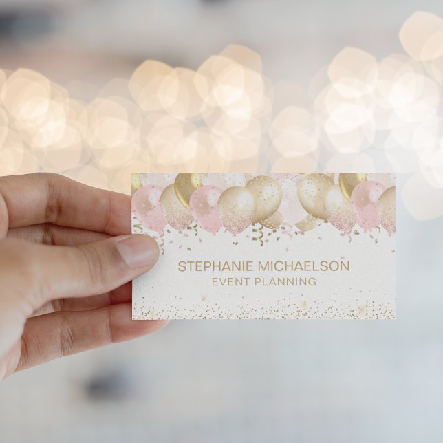 Carte De Visite Volet Parties scintillant or rose pâle du planific (Party Planner Blush Pink Gold Glitter Balloon Business Card)
