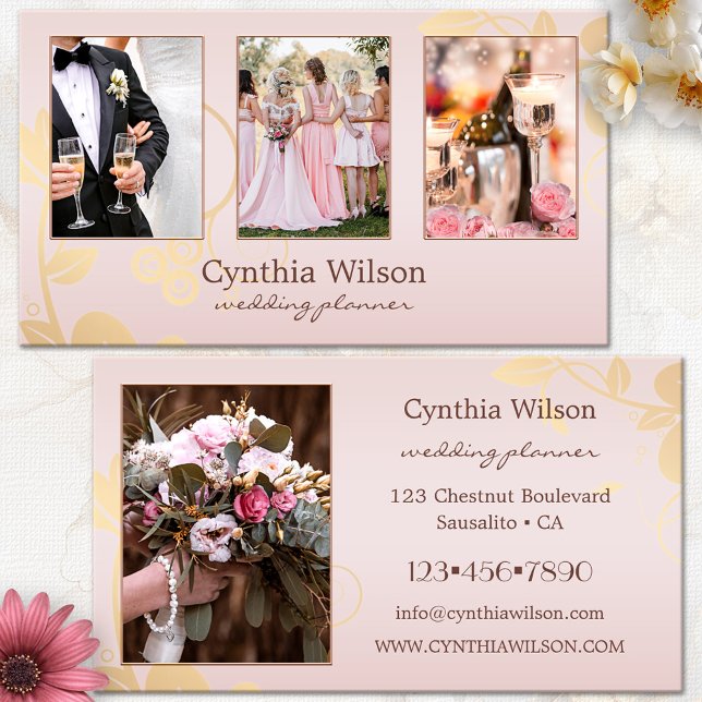 Carte De Visite Vos 4 Photos Blush Gold Wedding planner (Wedding planner business card - chic gold floral on feminine pink with custom photos - event planner)