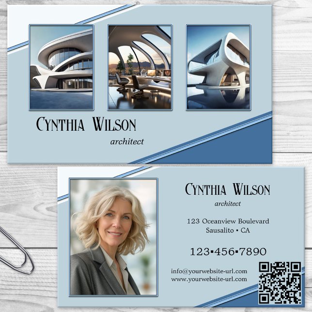 Carte De Visite Vos Photos Bleu Architecte Moderne (Business card featuring your photos framed by a modern blue geometric design - architect - design)