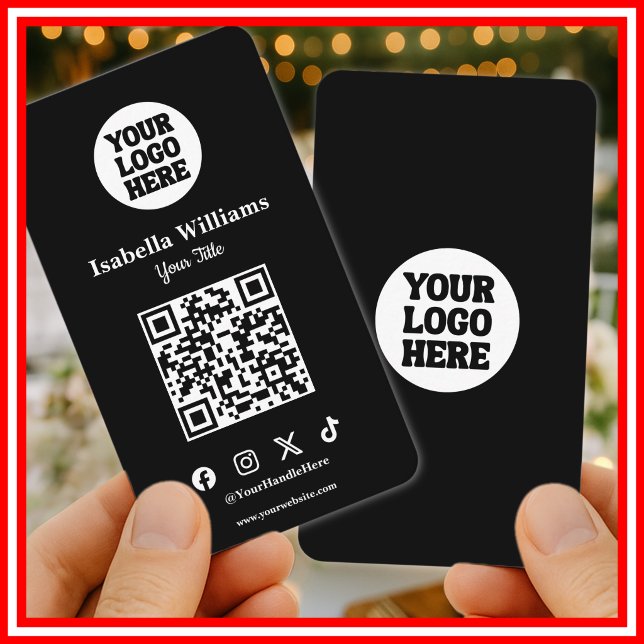 Carte De Visite Votre logo ici Noir Moderne | Code QR simple (Créateur téléchargé)