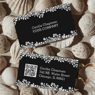 Carte De Visite Votre QR Code Floral Noir élégant élégant gothique