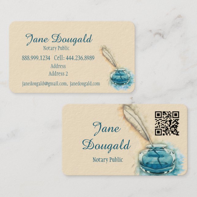 Carte De Visite Watercolor Artistic Feather Pen Classic Notary (Devant / Derrière)