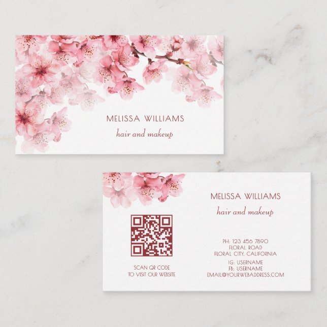 Carte De Visite Watercolor Cherry Blossoms QR Code (Devant / Derrière)