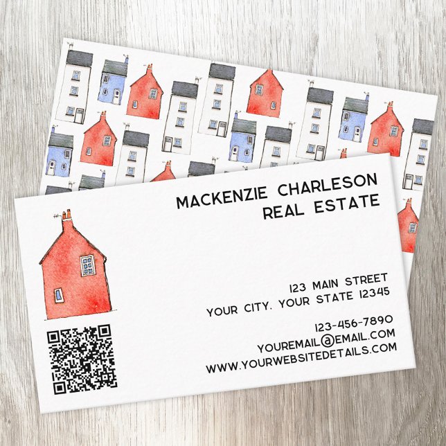 Carte De Visite Watercolor House Art Code QR Immobilier (Watercolor house art QR code custom text business card for real estate letting agent home services)