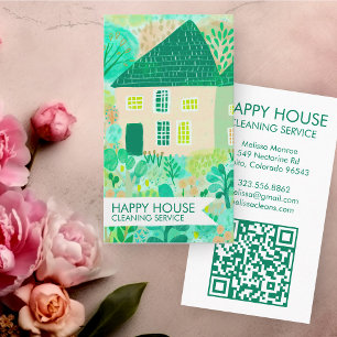 Carte De Visite Watercolor House Nettoyage Jardin Jardin QR Code