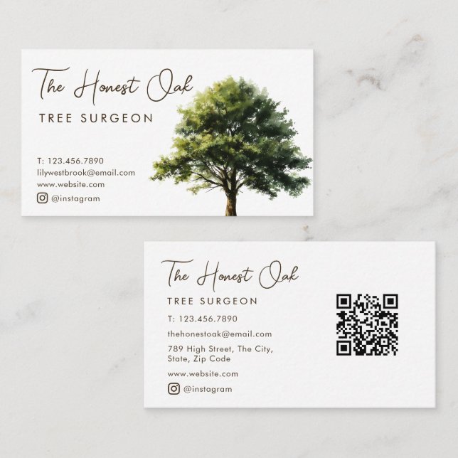 Carte De Visite  Watercolor Oak Tree Modern Elegant Script (Devant / Derrière)