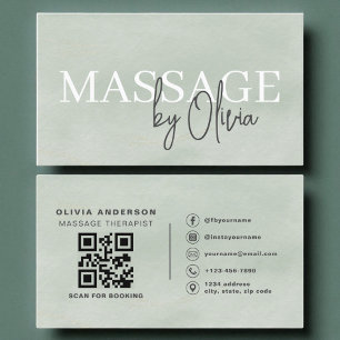Carte De Visite Watercolor Sage Green Massage Therapist QR Code
