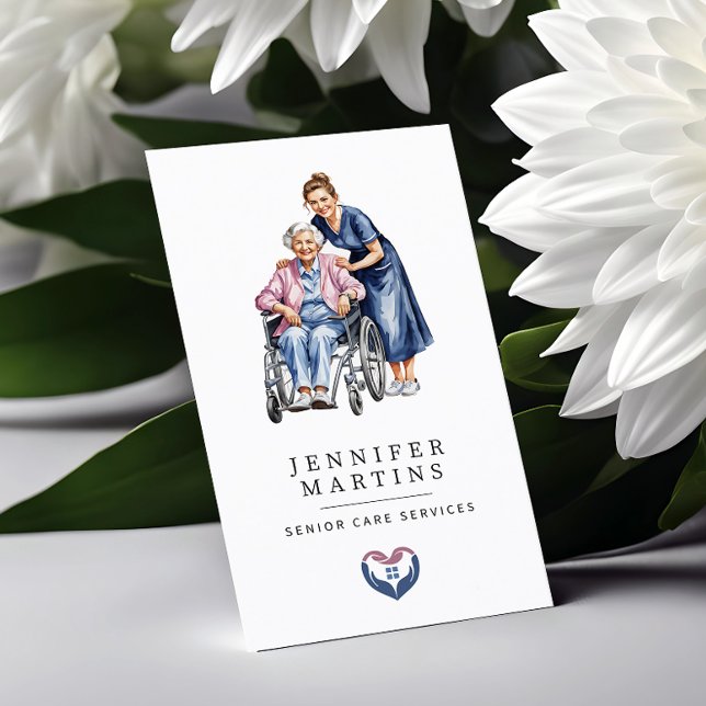 Carte De Visite Watercolor Senior Care Services QR Code (Créateur téléchargé)